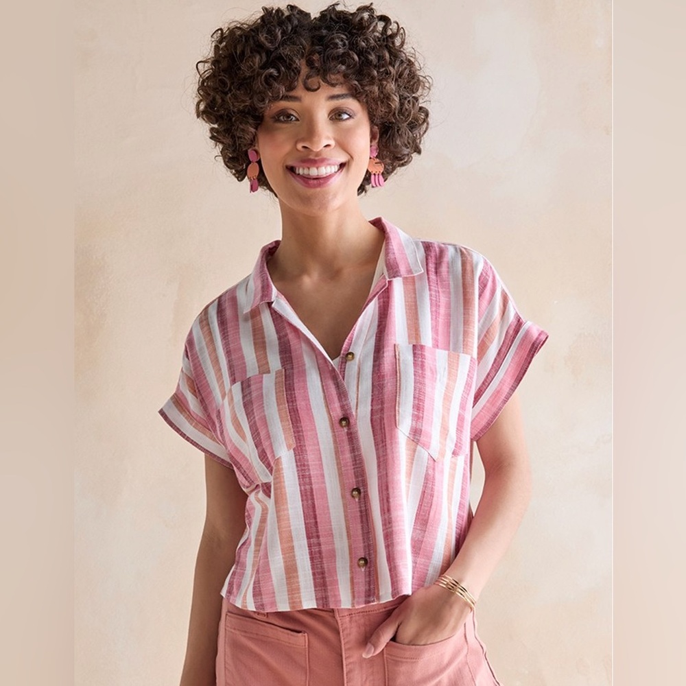 Mi Ami Vertical Striped Cropped Button Down